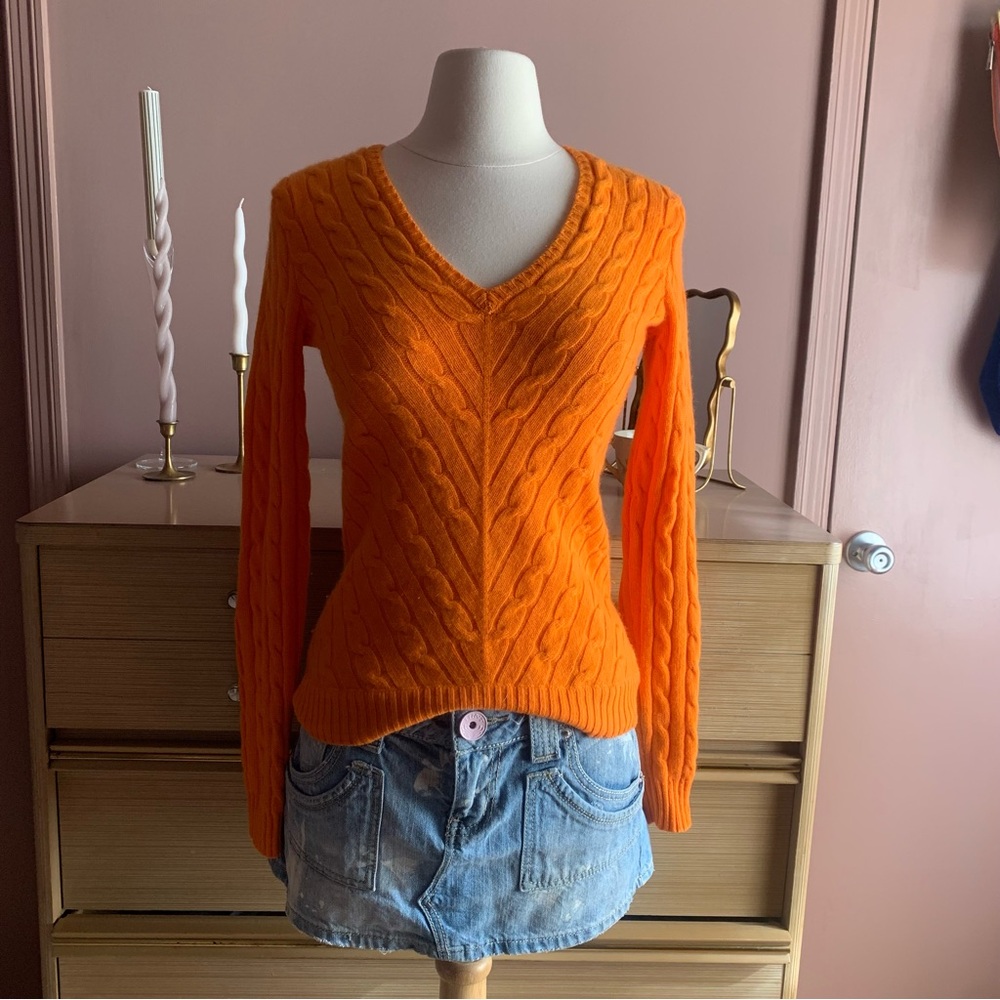 Ralph Lauren Cashmere Orange Cable Knit V-Neck Sweater